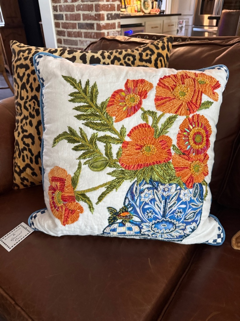MacKenzie-Childs Blue check, Orange Floral Embroidered beaded Pillow Pair - Picture 3 of 10